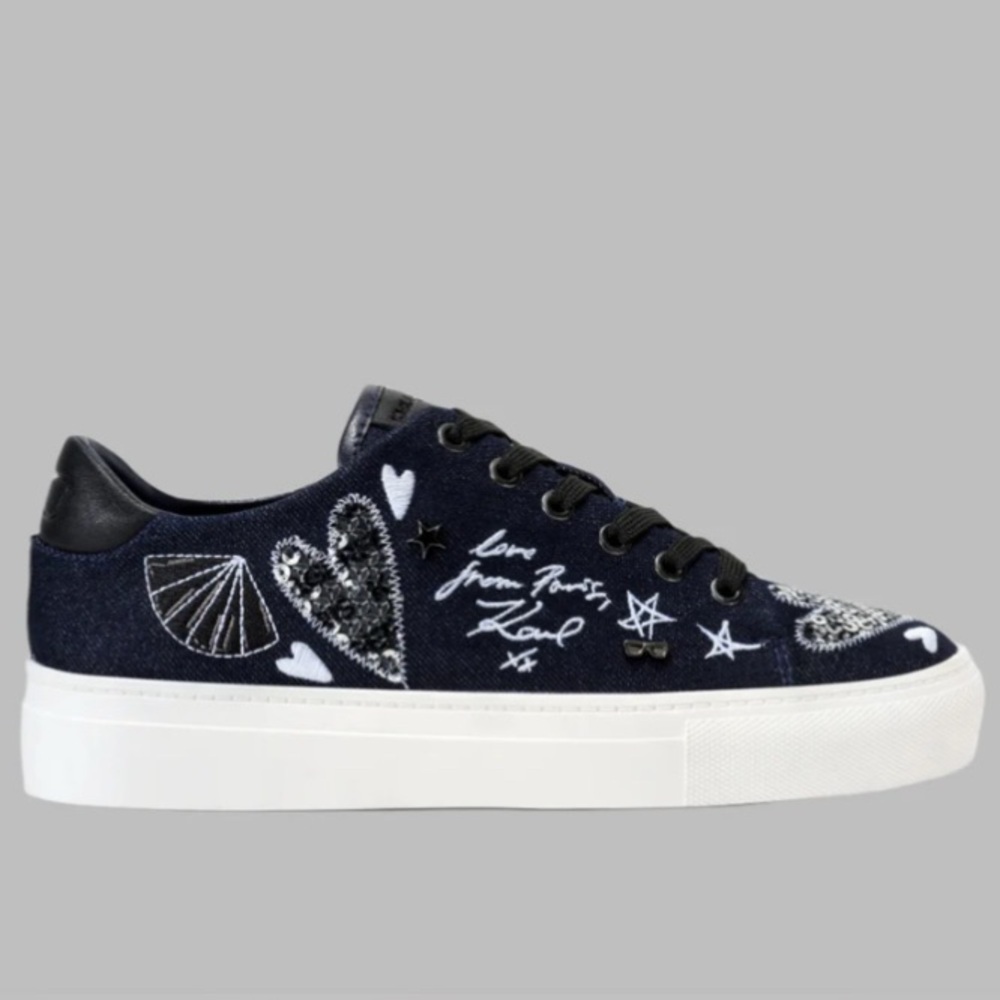 Karl Lagerfeld Cate Ikonic Navy and White Graphic Sneakers, Size 8.5, New in Box